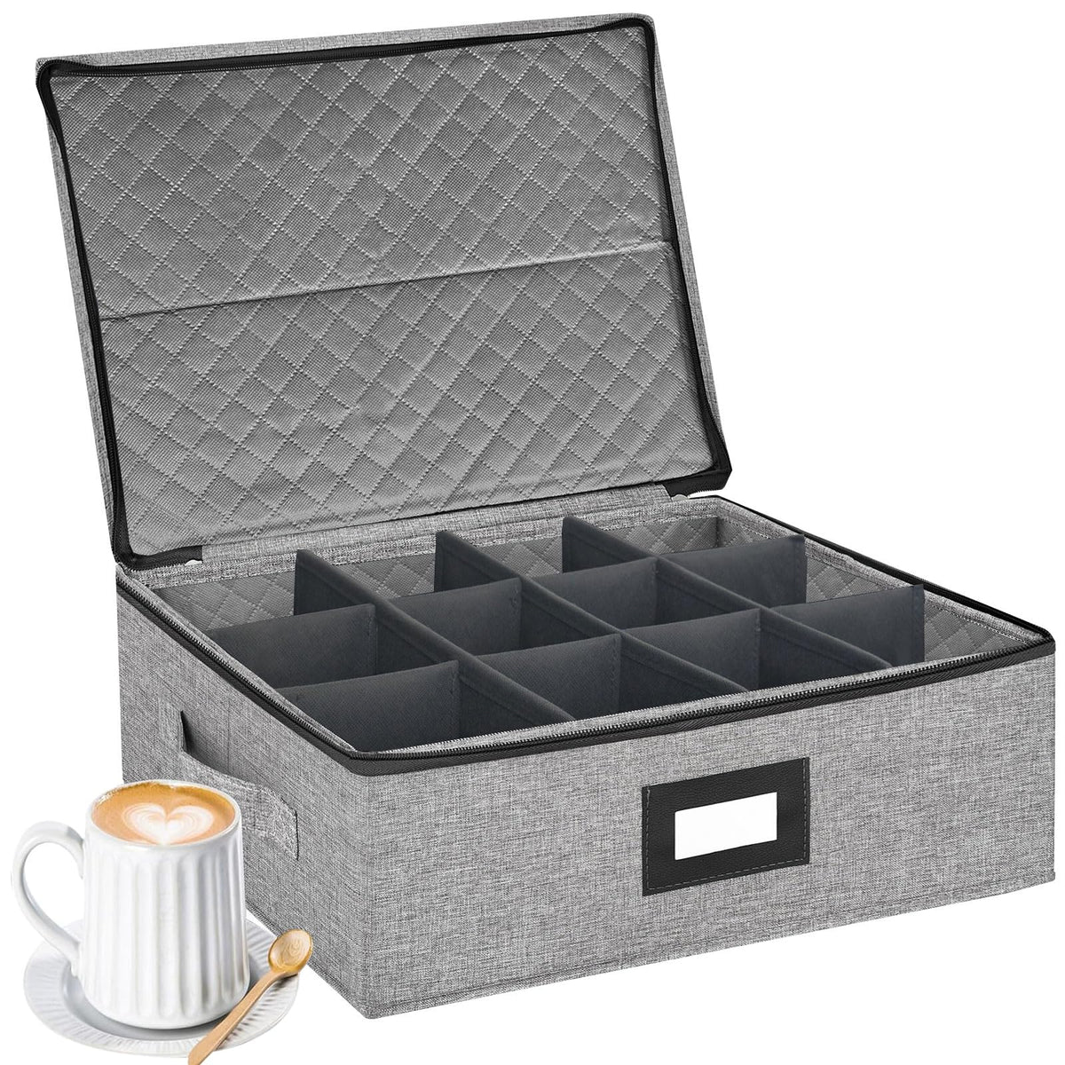 Homyfort coffee mug storage box with dividers keeping mugs organized and protected