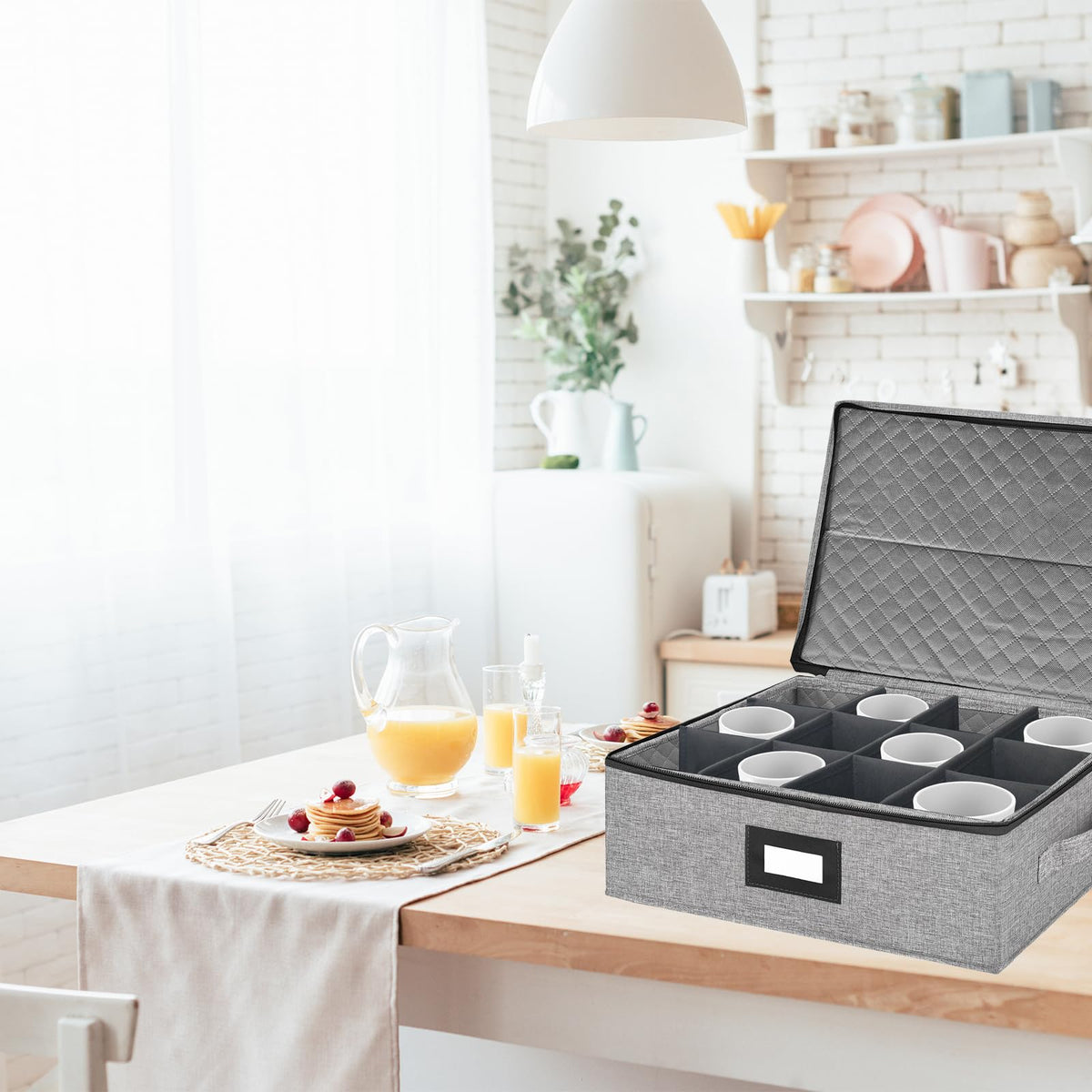Homyfort mug storage box open with lid showing sturdy dividers for easy access