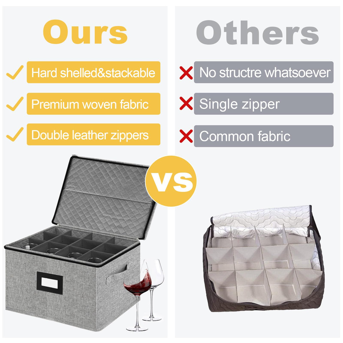 Homyfort Wine Glass Storage Box stackable design saves space when storing multiple boxes.