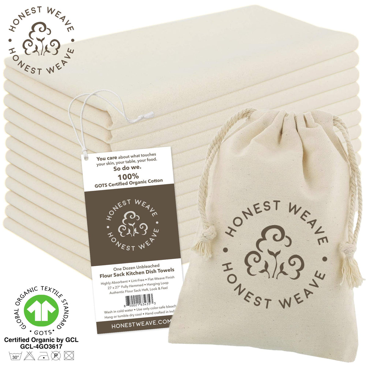 HONEST WEAVE tightly woven towel for lint-free use on glassware and delicate surfaces.