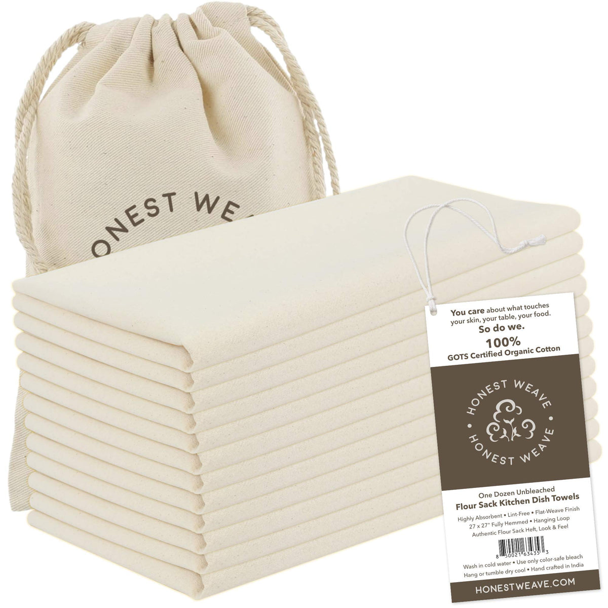 HONEST WEAVE flour sack towel 27x27 natural tan, highly absorbent for daily dish drying.