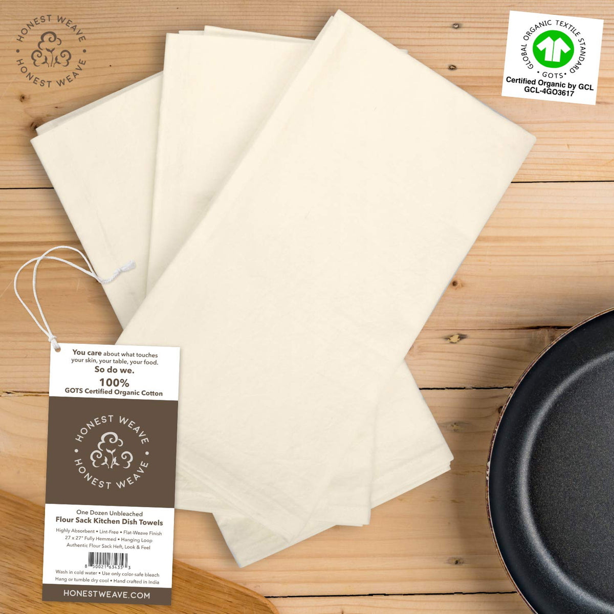 HONEST WEAVE fully hemmed kitchen towel with mitered corners, adding a neat, premium touch.