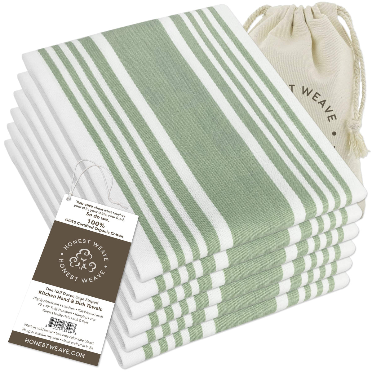 HONEST WEAVE sage stripe kitchen towel oversized 20x30 inches ideal for drying dishes