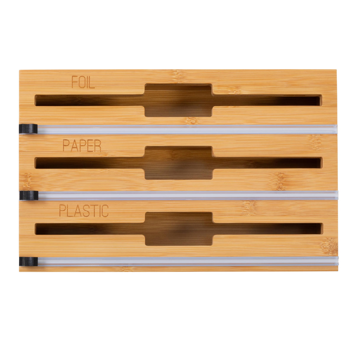 Honey-Can-Do 3-in-1 Bamboo Wrap Organizer, drawer front view, neat wraps at a glance.