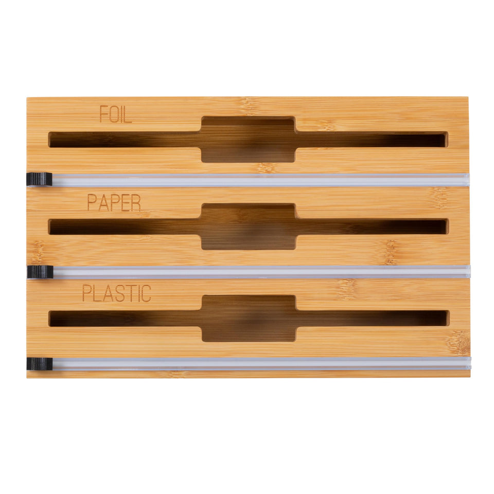 Honey-Can-Do 3-in-1 Bamboo Wrap Organizer, drawer front view, neat wraps at a glance.