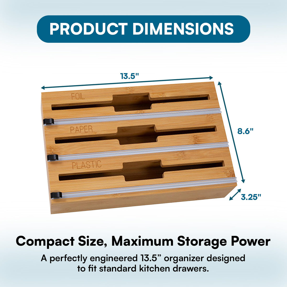 Compact kitchen companion for simplifying wrap storage and access.