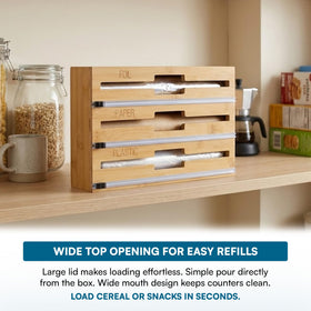 Labeled sections aid grab-and-go use in busy kitchens.