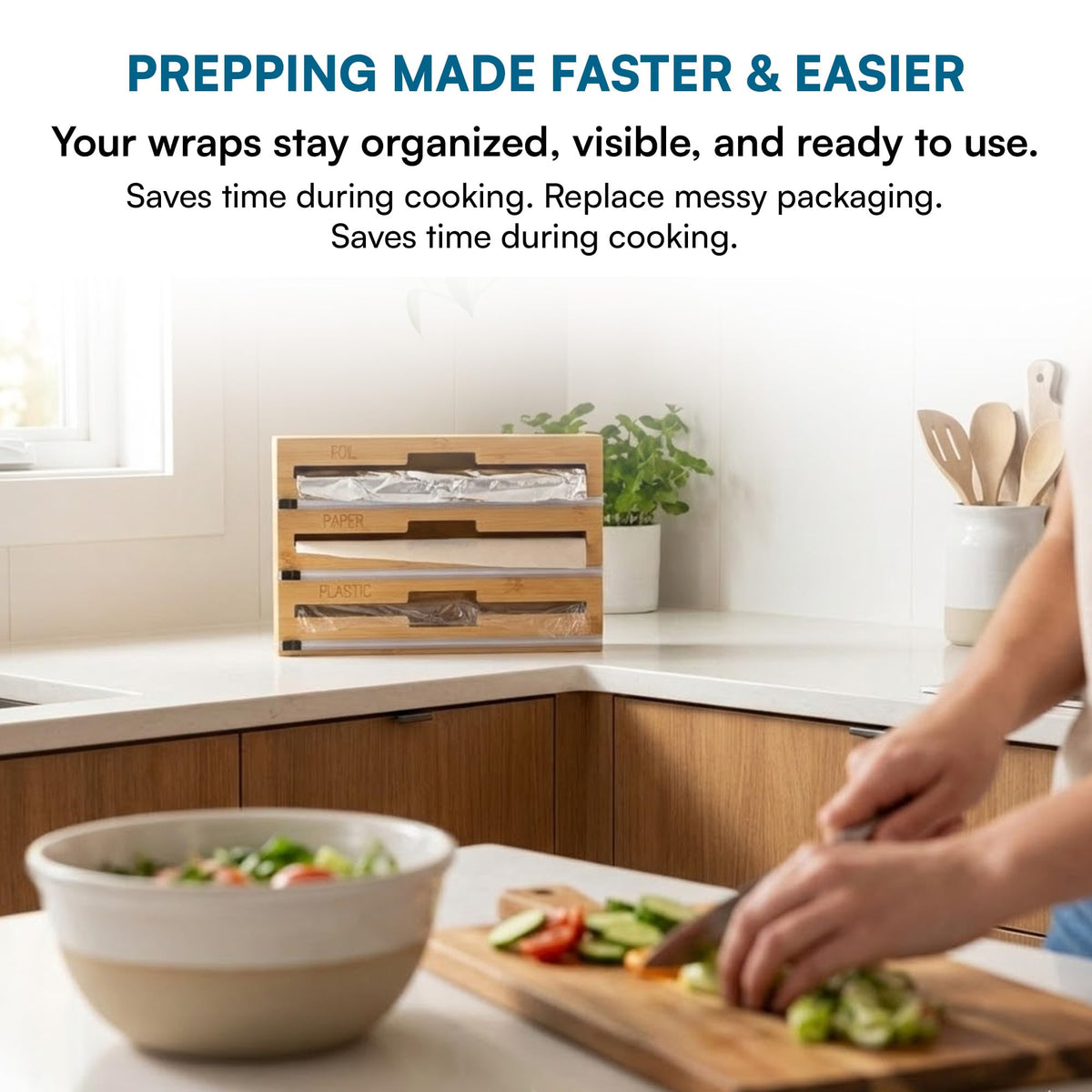Eco-friendly bamboo design adds natural style to kitchen tasks.