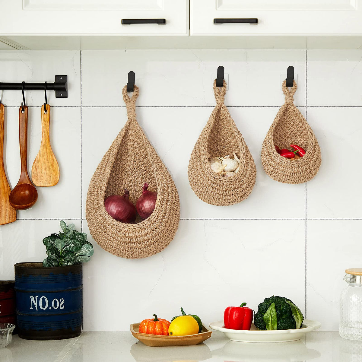 Three-pack Honeydak baskets mounted on a wall shelf adding rustic charm and organization.