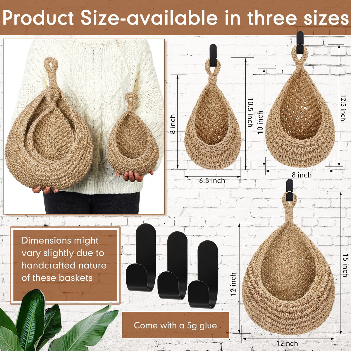 Close-up of Honeydak hanging hooks on teardrop baskets showing durable cotton rope.