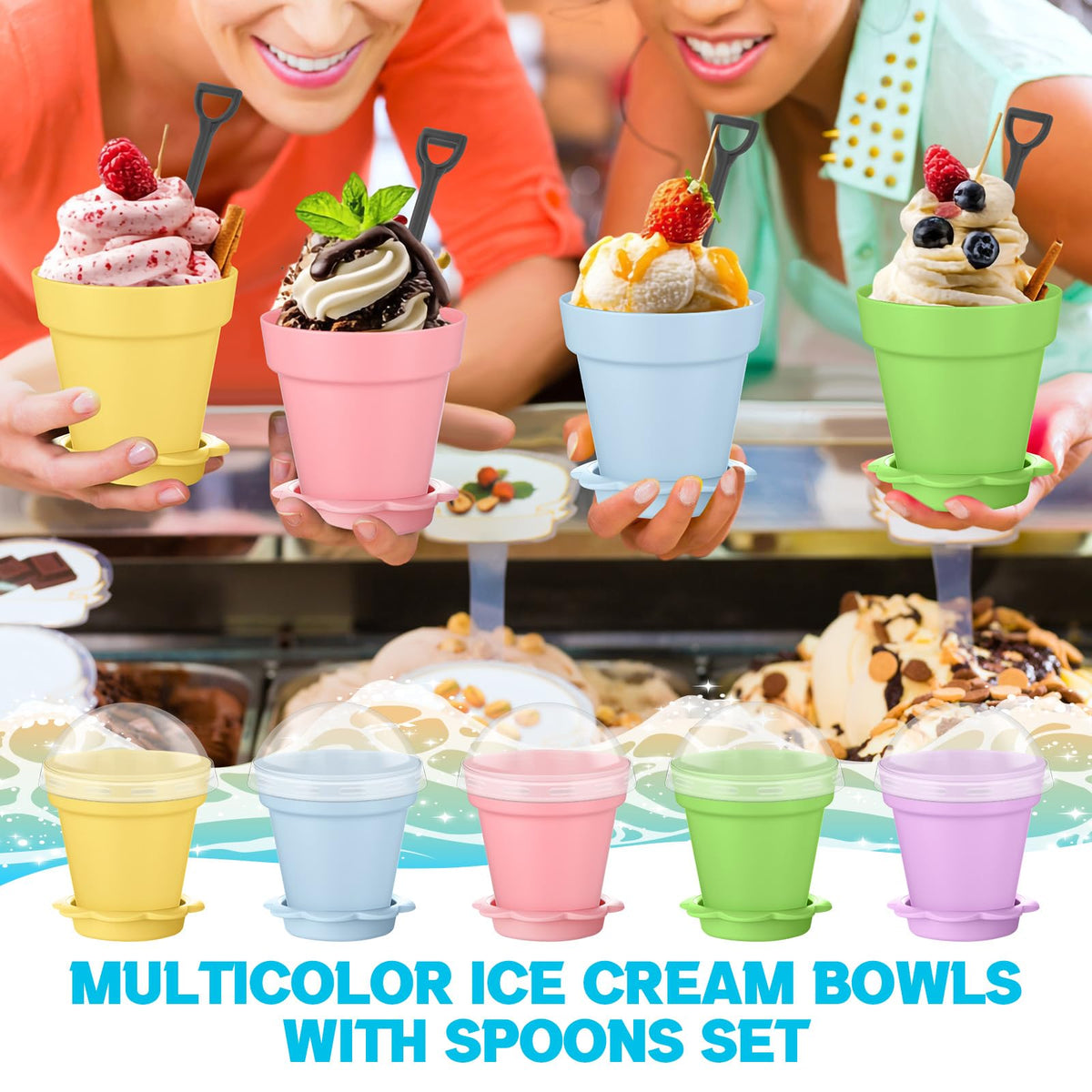 Honeydak cupcakes and yogurts served neatly in flowerpot cups.