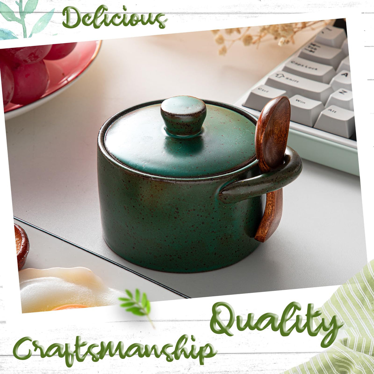 Honeydak farmhouse-style kitchen decor featuring speckled salt cellar accent.