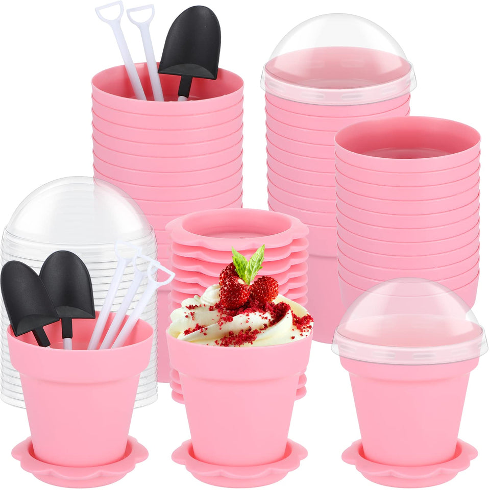 Honeydak flowerpot dessert cup with pink lid, ideal for portion-controlled servings.