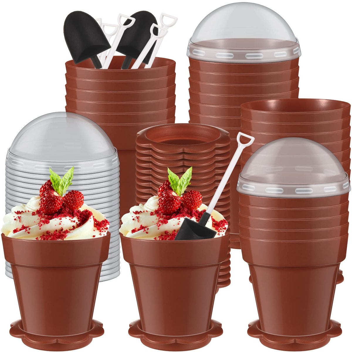 Honeydak flowerpot dessert cup with lid and spoon for easy serving at events.