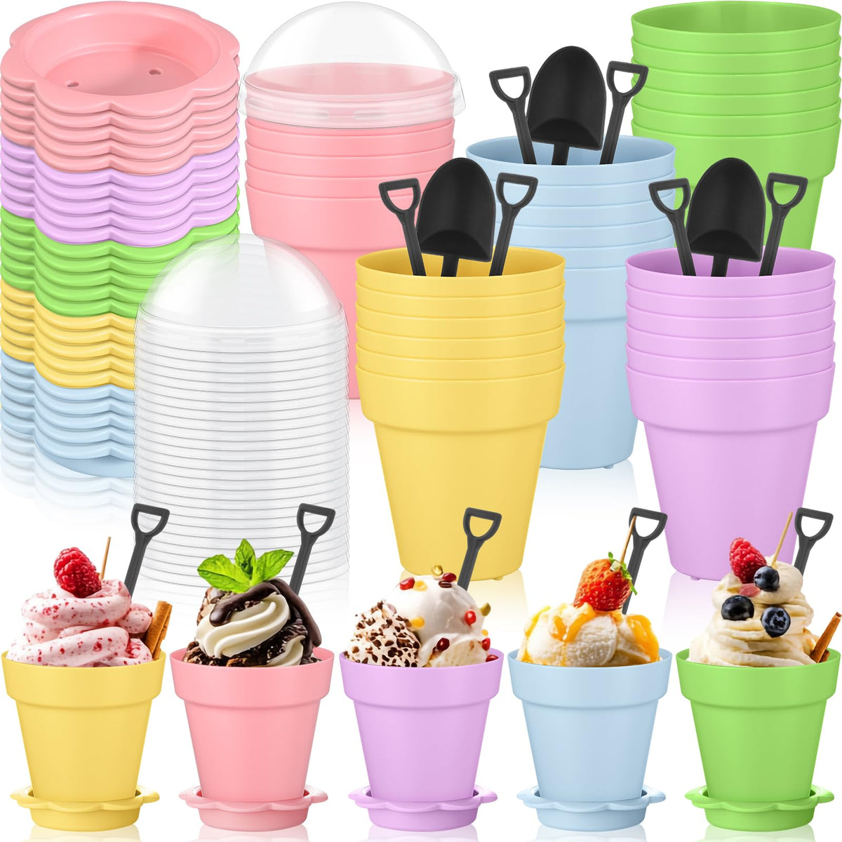 Honeydak flowerpot dessert cups with lids for colorful party servings.