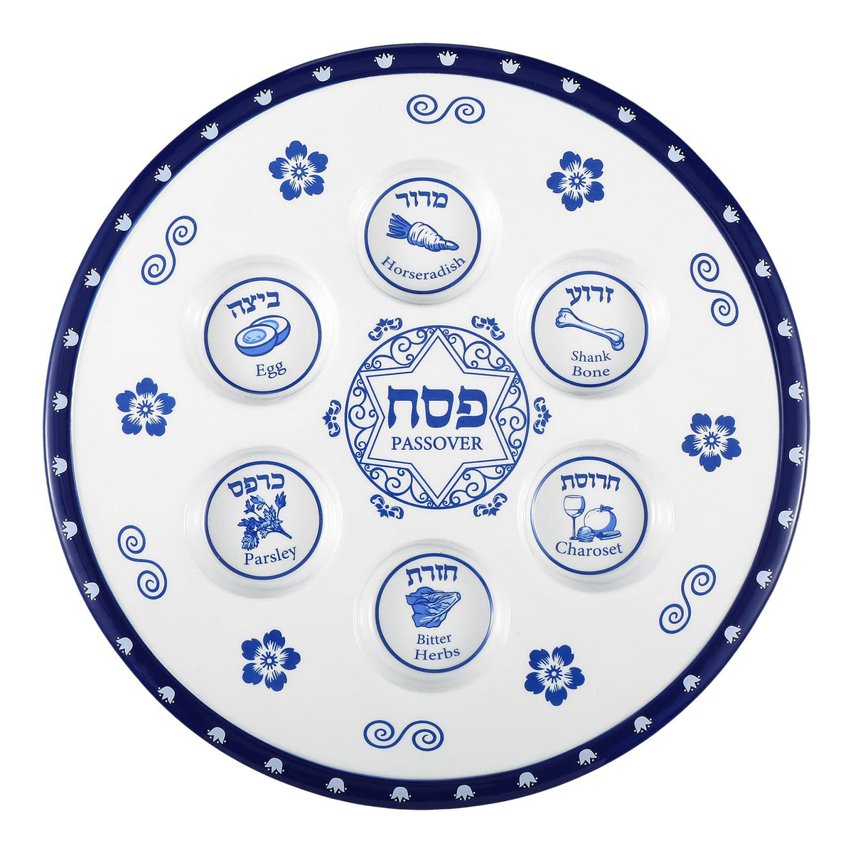 Honeydak Seder Plate in blue and white ceramic, a modern centerpiece.