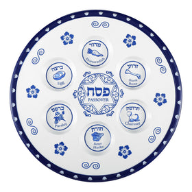 Honeydak Seder Plate in blue and white ceramic, a modern centerpiece.