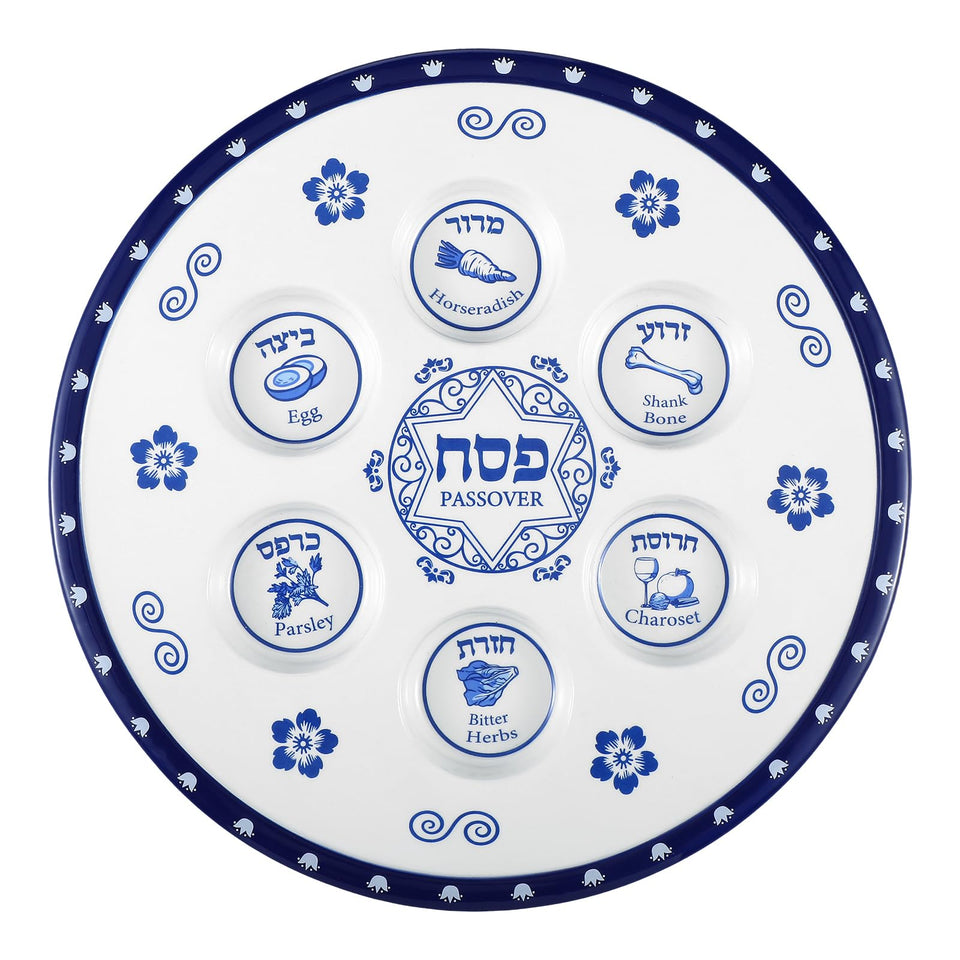 Honeydak Seder Plate in blue and white ceramic, a modern centerpiece.