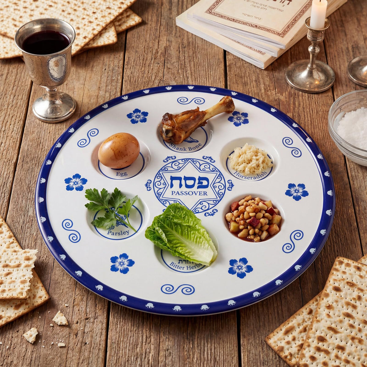 Honeydak Seder Plate close-up shows six labeled sections.