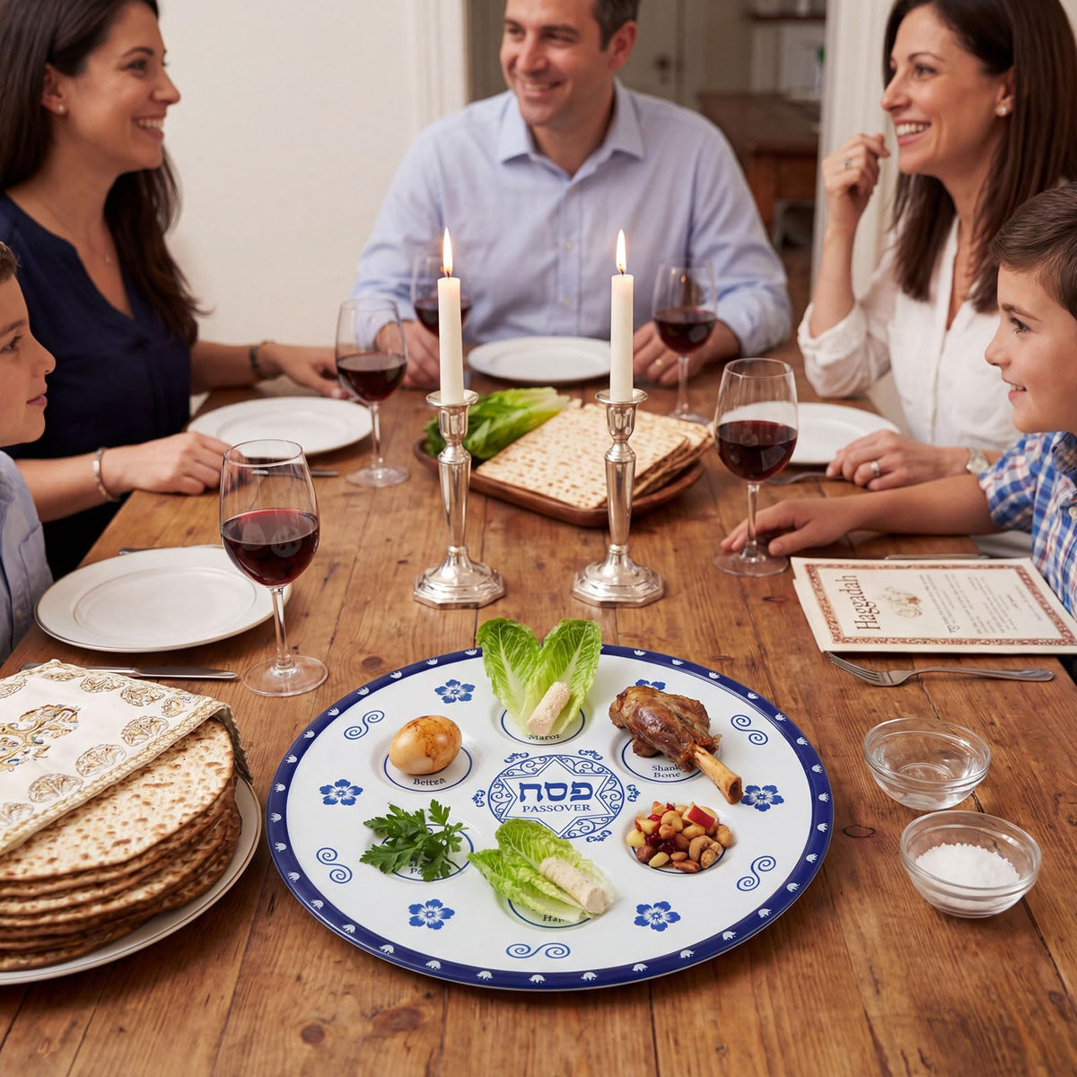 Honeydak Seder Plate on a festive Passover table as centerpiece.