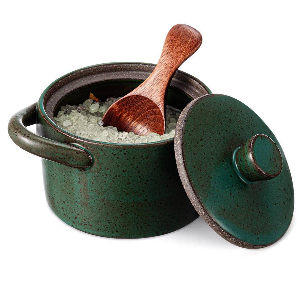 Honeydak speckled ceramic salt cellar with green lid and spoon for easy seasoning.