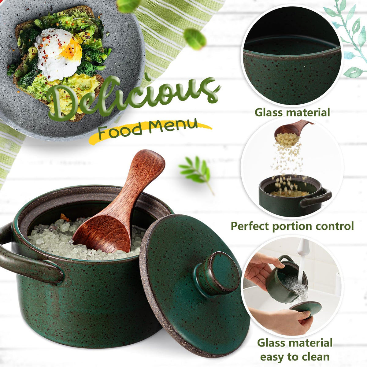 Honeydak speckled ceramic salt cellar on kitchen counter for convenient access.