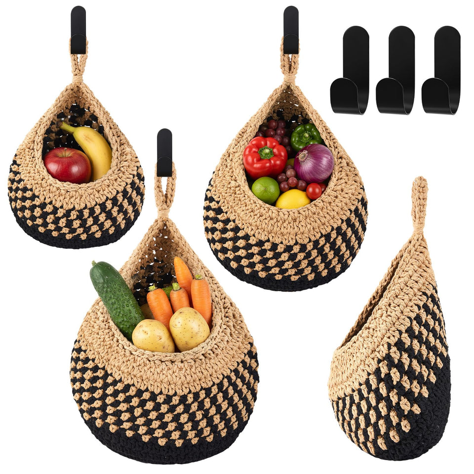 Honeydak teardrop basket in linen black on wall for organized produce