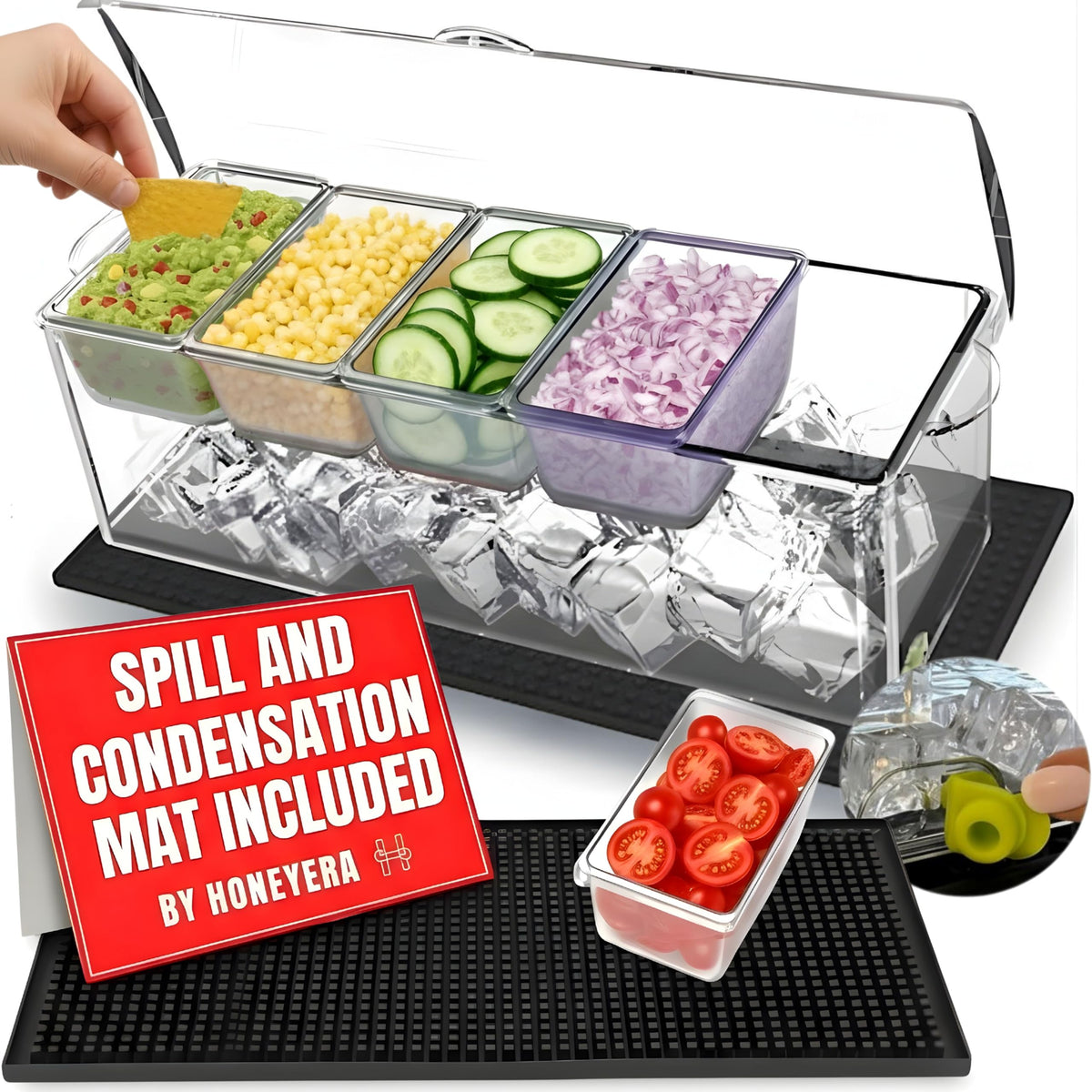Honeyera chilled condiment server with 80oz ice chamber keeps toppings cool.