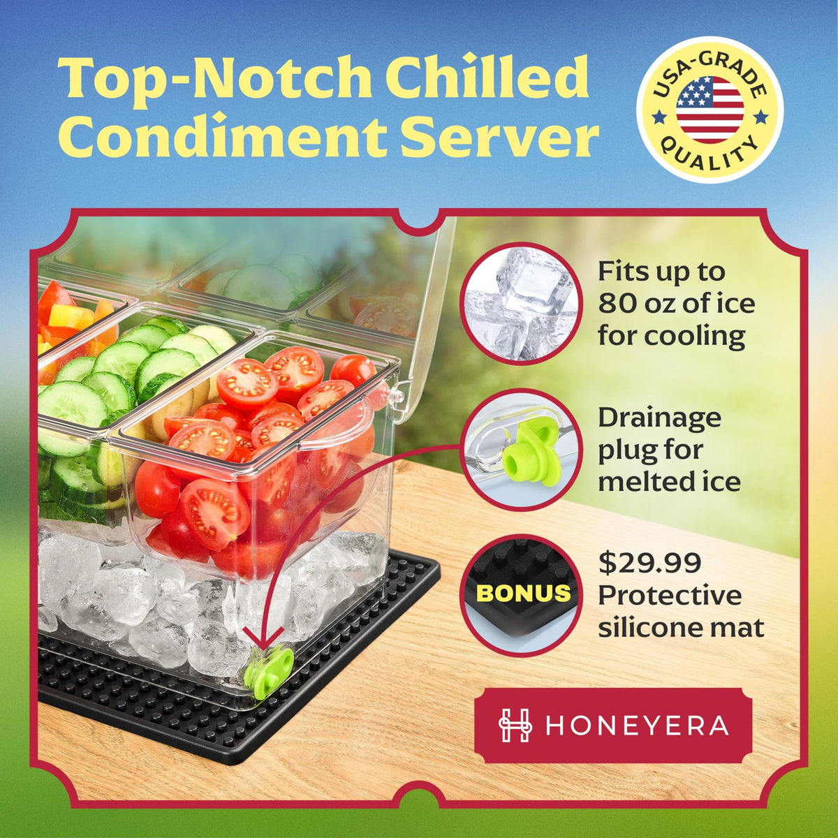 Honeyera condiment server with drain plug for effortless melted-ice drainage.