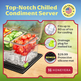 Honeyera condiment server with drain plug for effortless melted-ice drainage.