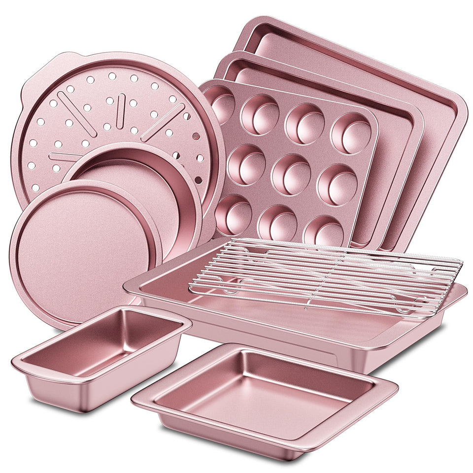 HONGBAKE 10-piece pink bakeware set with versatile pans and rack for all recipes