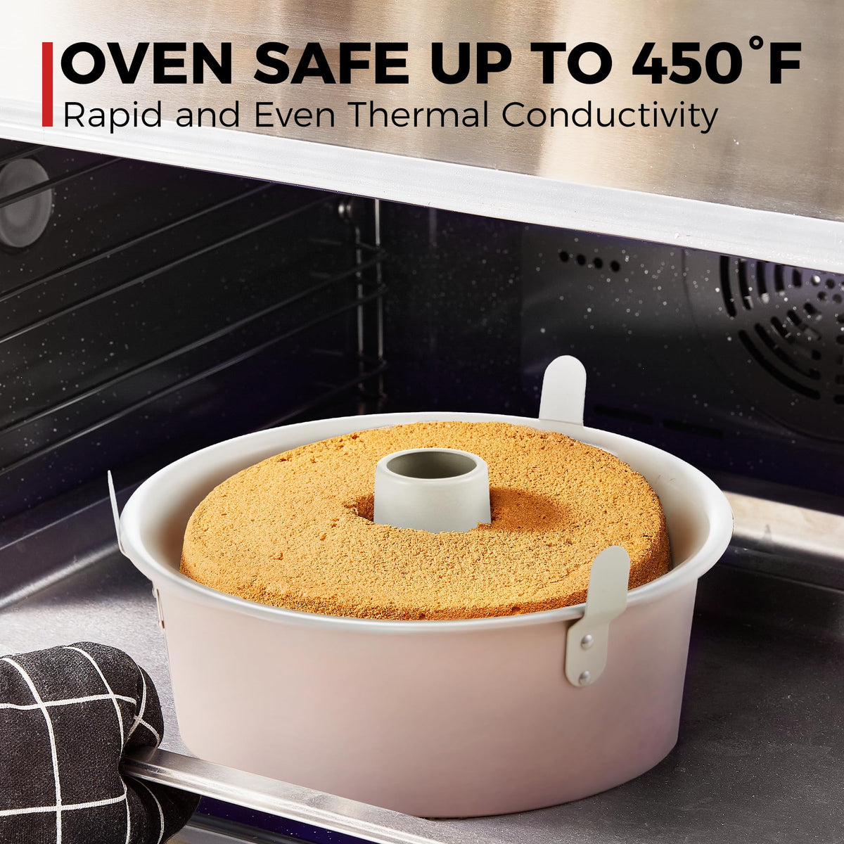 HONGBAKE angel cake pan withstands up to 450F for versatile browning