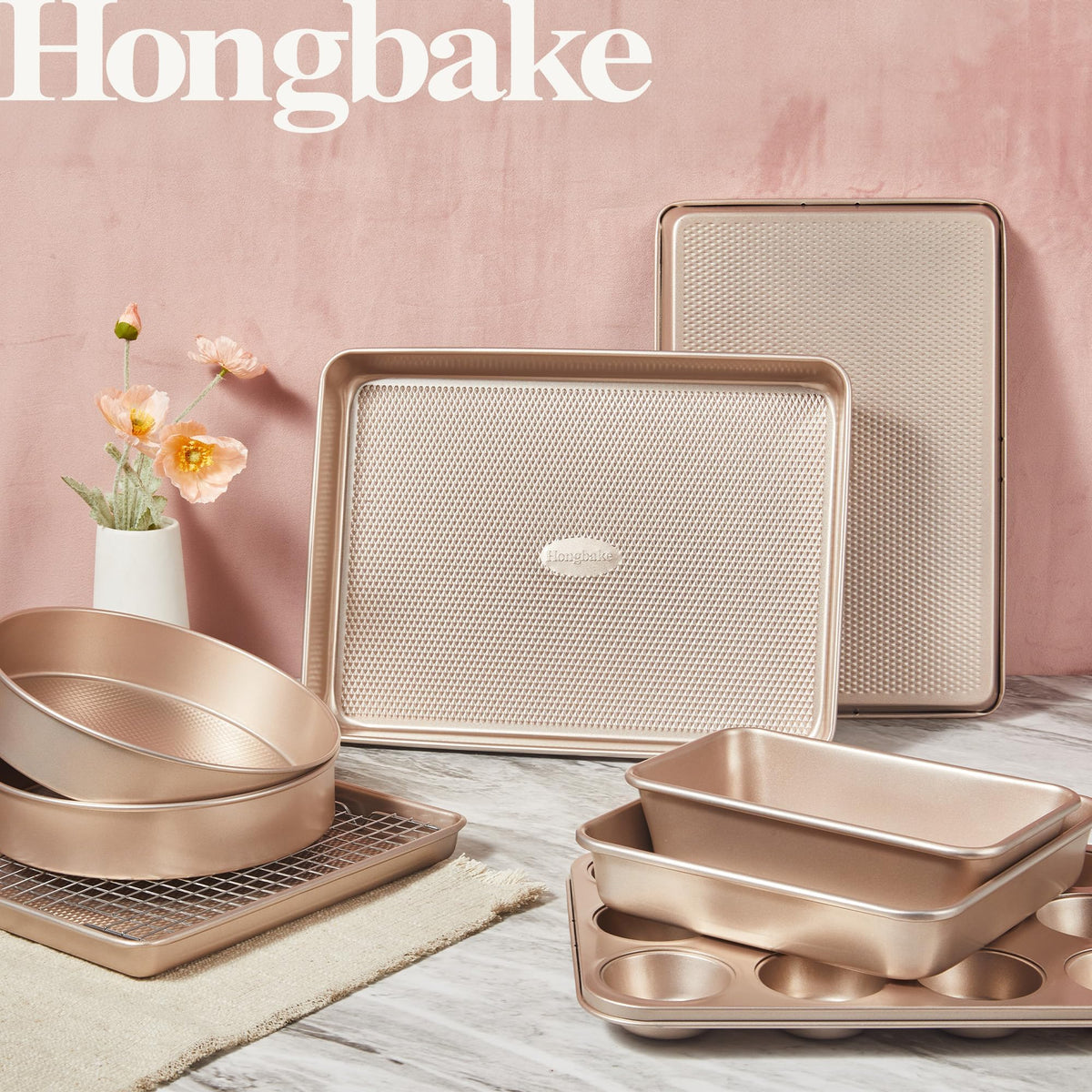 HONGBAKE half-sheet pan with rack for easy cooling and handling.