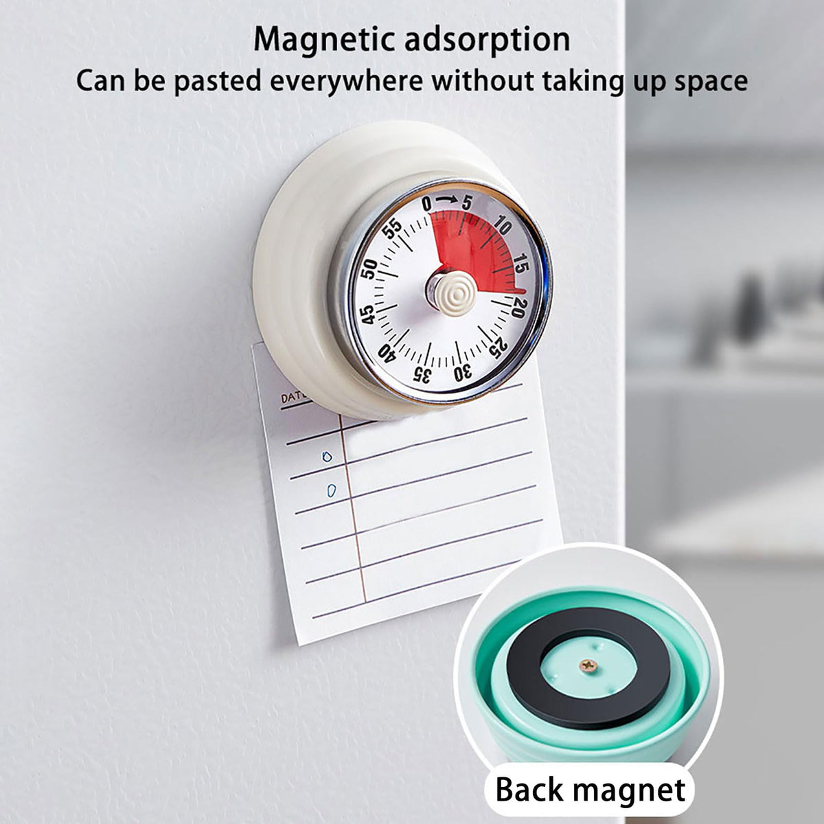 Magnetic attachment on fridge keeps Hongjie timer within reach