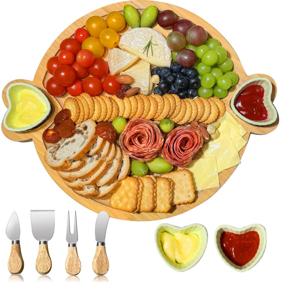 Hongsane round charcuterie board in natural wood tones for elegant entertaining.