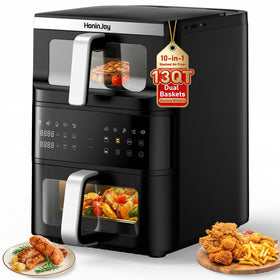 HoninJoy 13QT dual-basket air fryer front view showing compact two-basket setup.