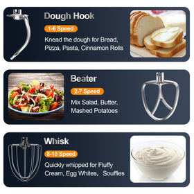 Honinst accessories including dough hook, whisk, and beater for baking tasks.