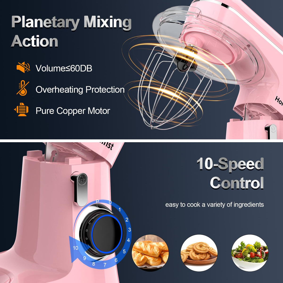 Honinst pure copper motor delivers reliable power for dense doughs.