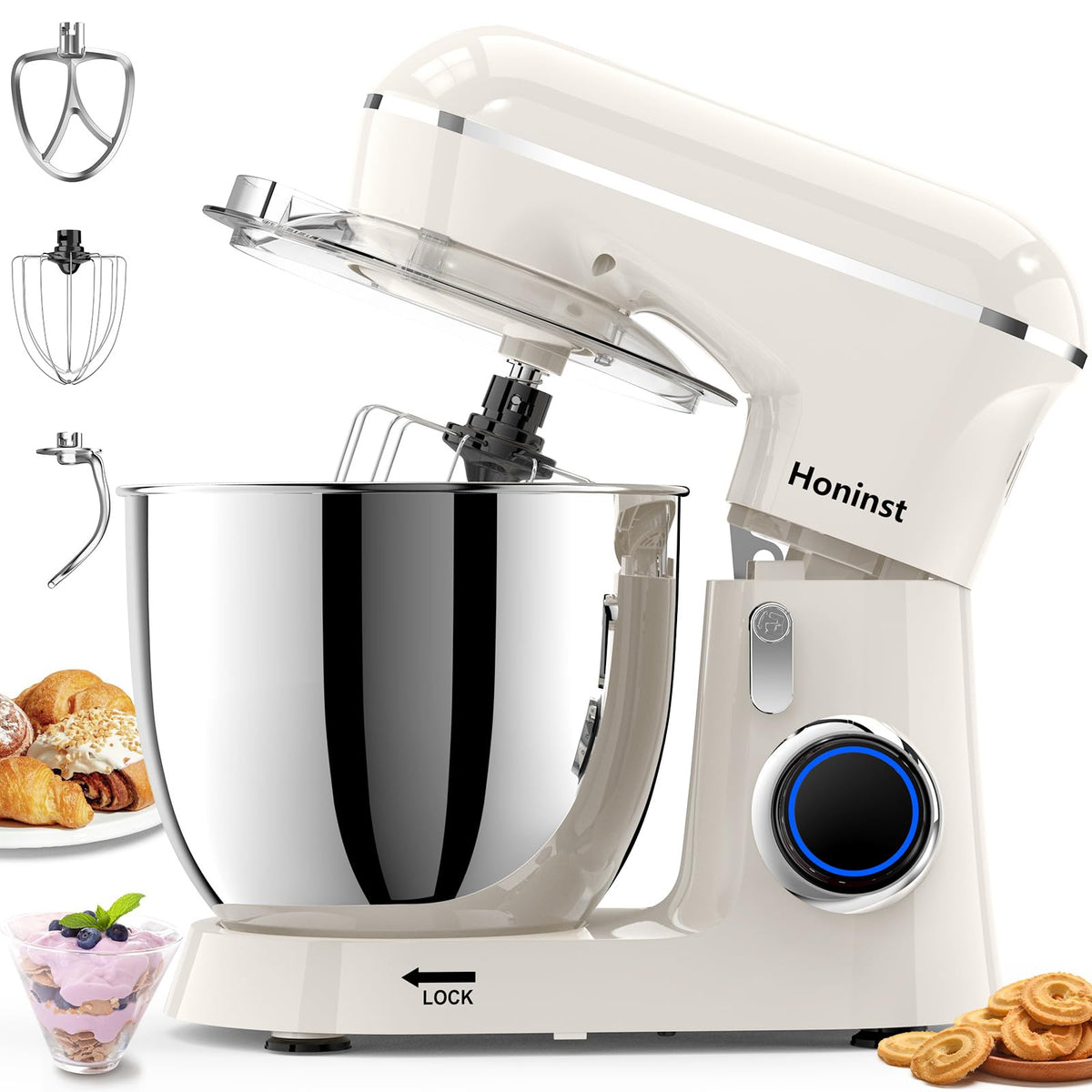 Honinst stand mixer with 6.5-quart bowl ready for cake batter preparation.