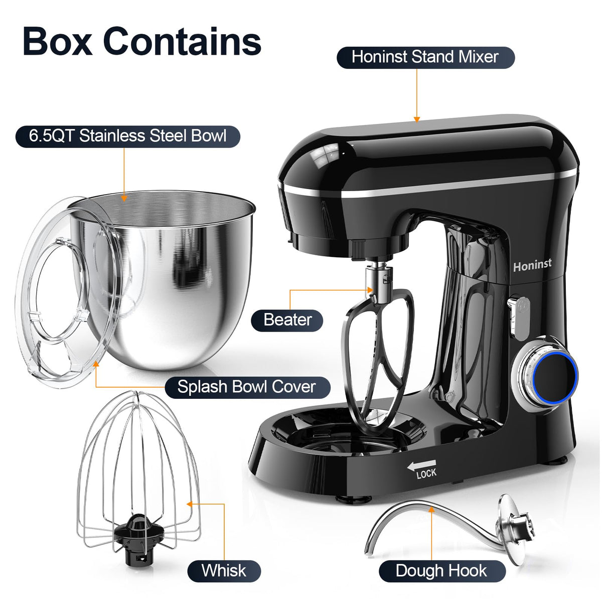 Honinst 6.5-quart bowl supports large batters for cakes or breads.