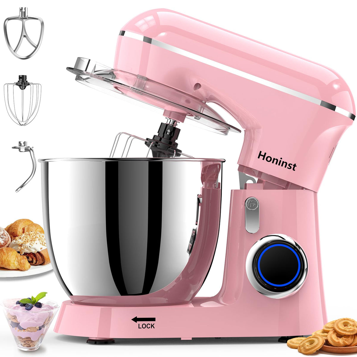 Honinst stand mixer with a 6.5-quart bowl for versatile baking and kneading.