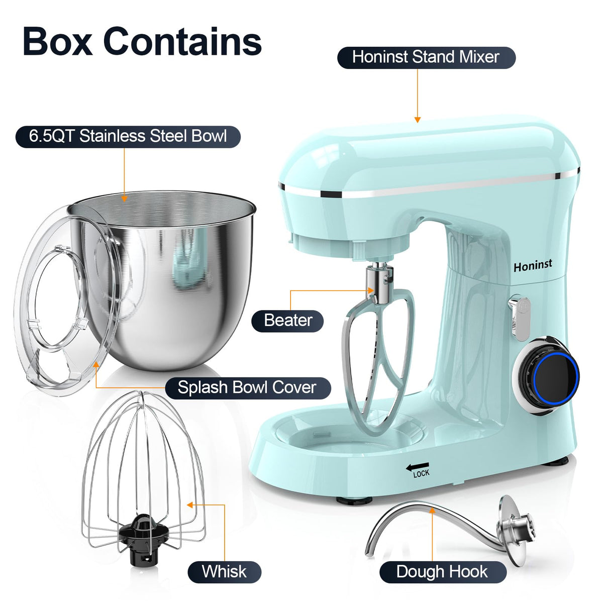 Honinst dough hook attachment blends dough evenly for breads and pastries.