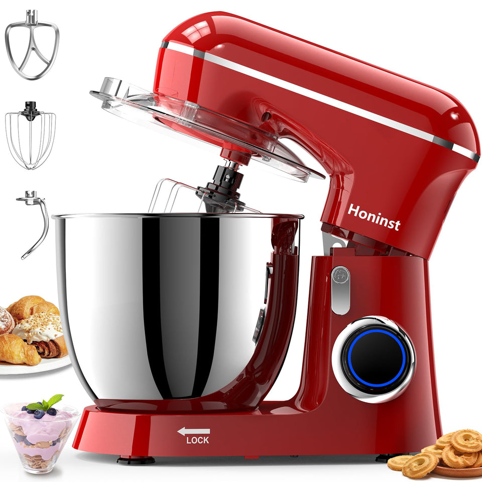 Honinst stand mixer front view in red, ideal for versatile batters and dough.