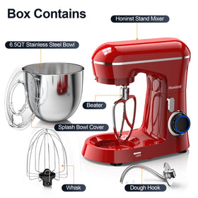 Honinst stand mixer red side view with 6.5-quart bowl for large batches.
