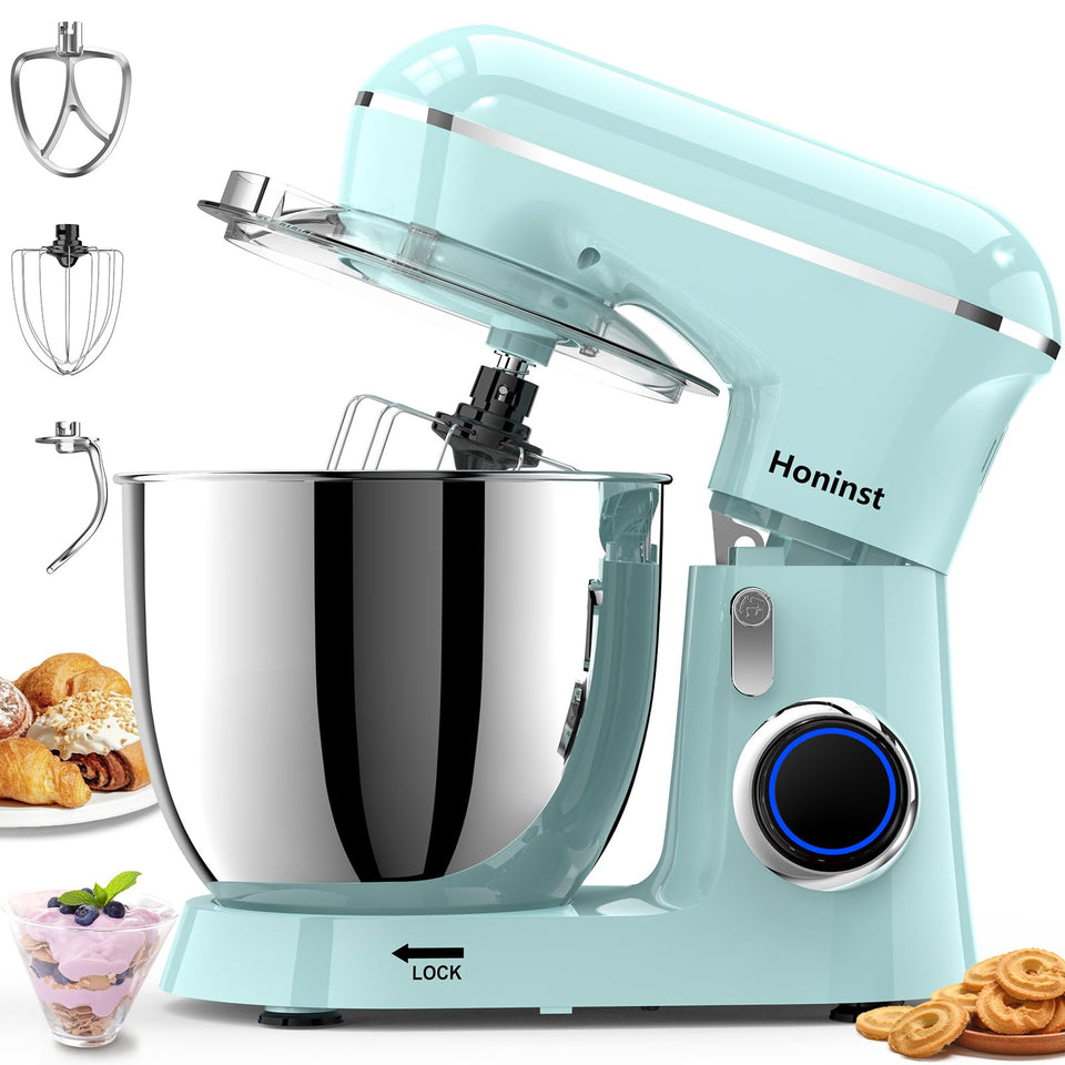 Honinst tilt-head stand mixer facilitates easy ingredient addition during mixing.