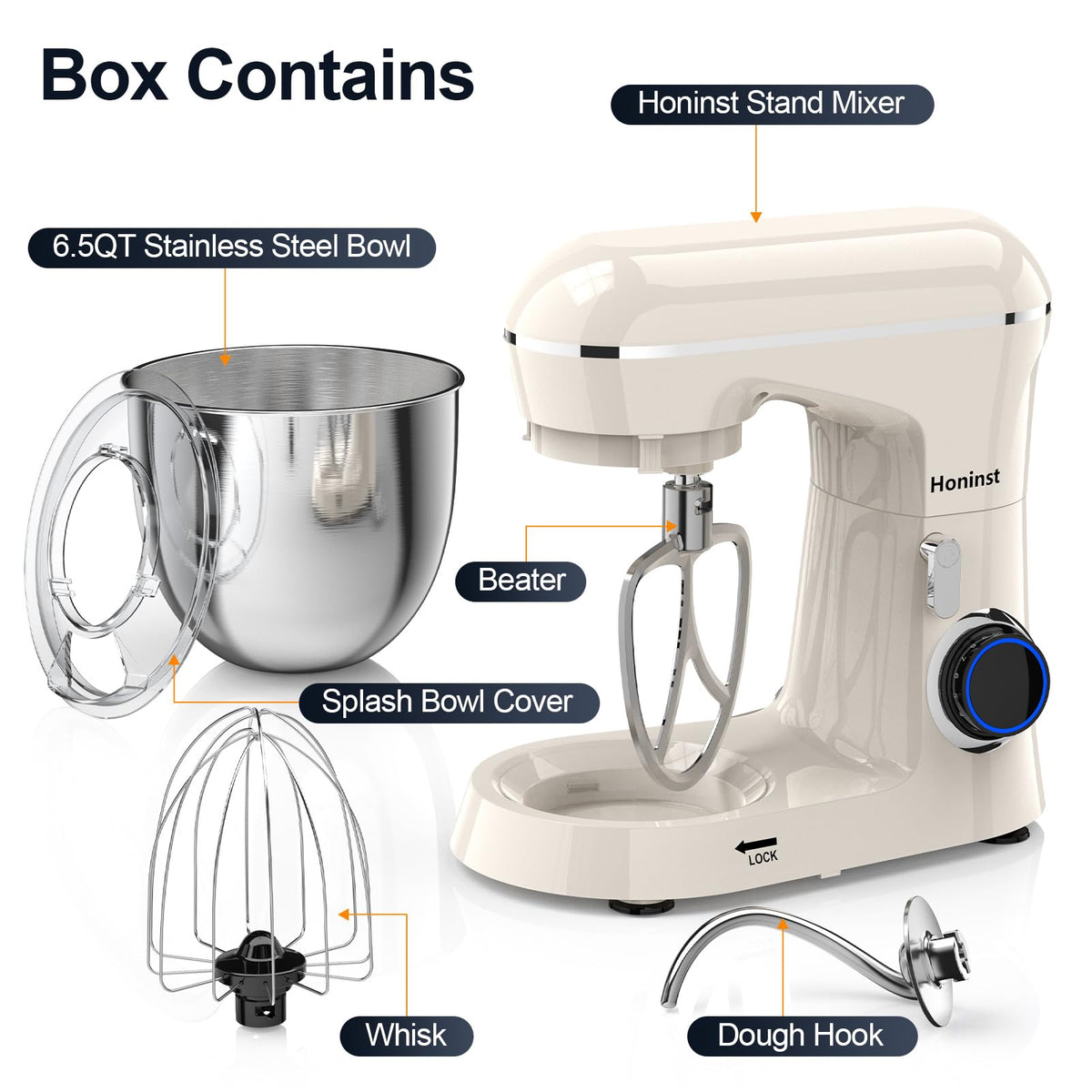 Honinst tilt-head design enabling easy ingredient addition during mixing.