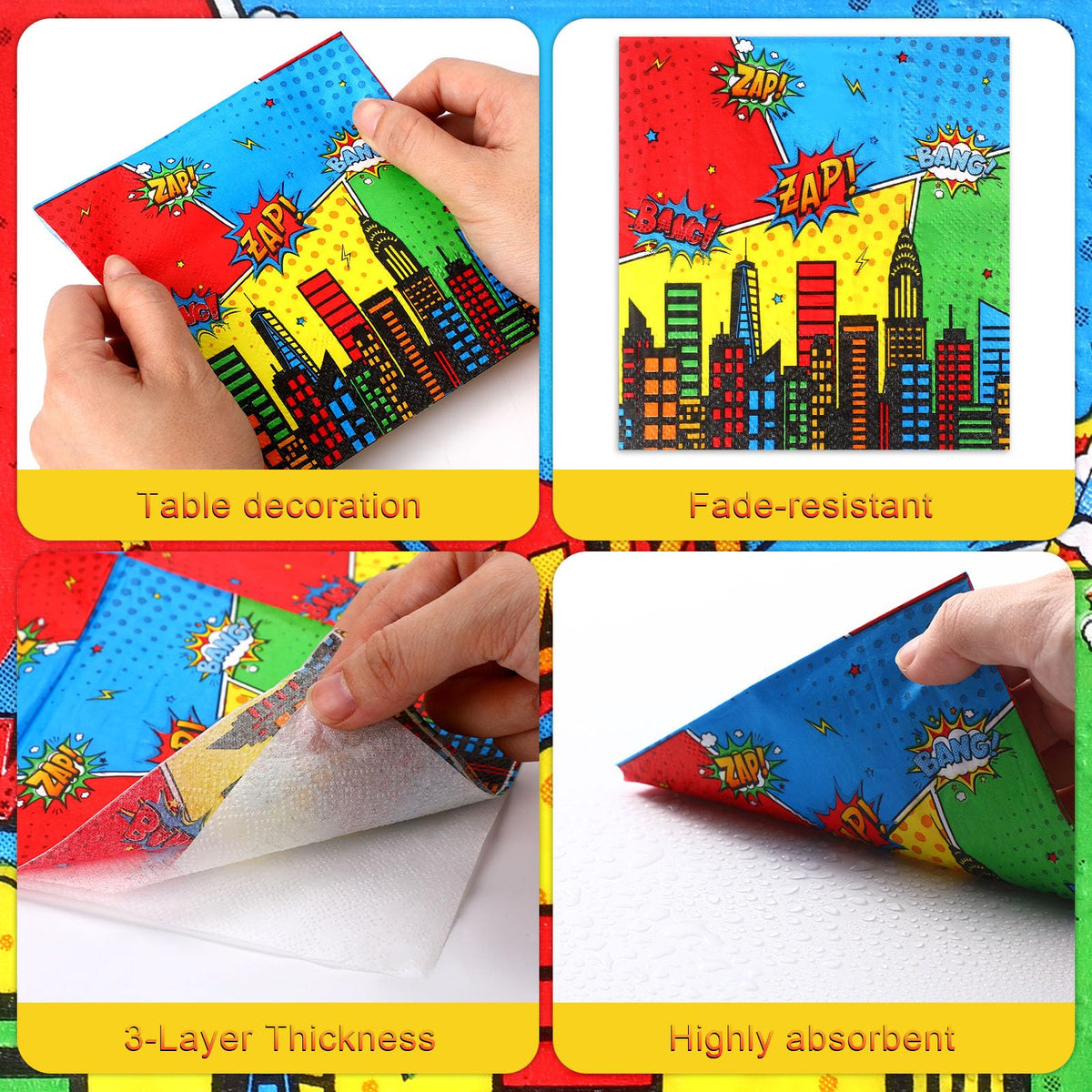 Honoson 100 Hero Theme Napkins showcase colorful clouds and onomatopoeia for festive tables.
