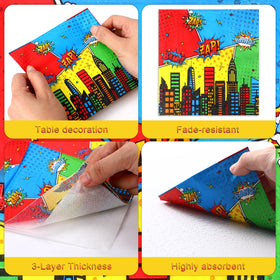 Honoson 100 Hero Theme Napkins showcase colorful clouds and onomatopoeia for festive tables.