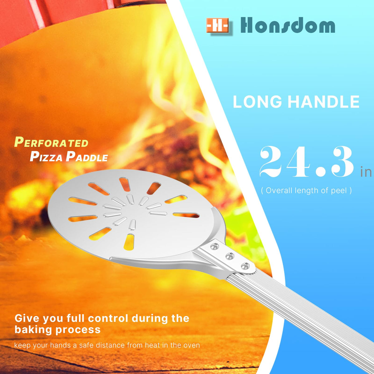 Honsdom silicone hook pizza peel for easy hanging and storage.