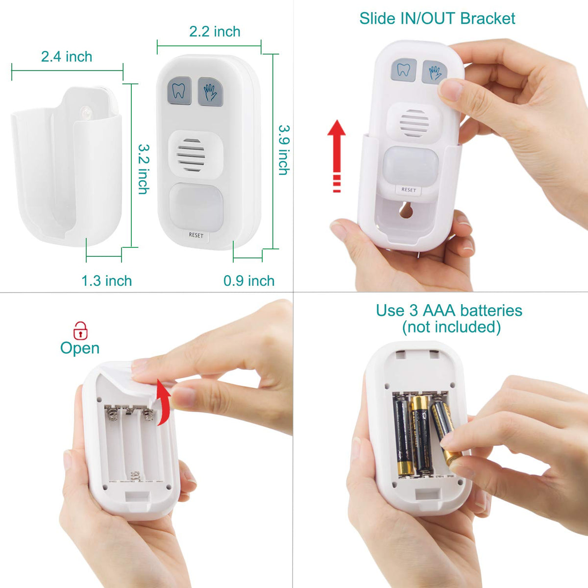 Honwell timer packaging includes timer, suction cups, tape, screws, and manual